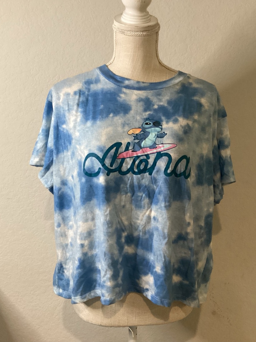 Disney Blue & White Tie-Dye Stitch Aloha Tee
